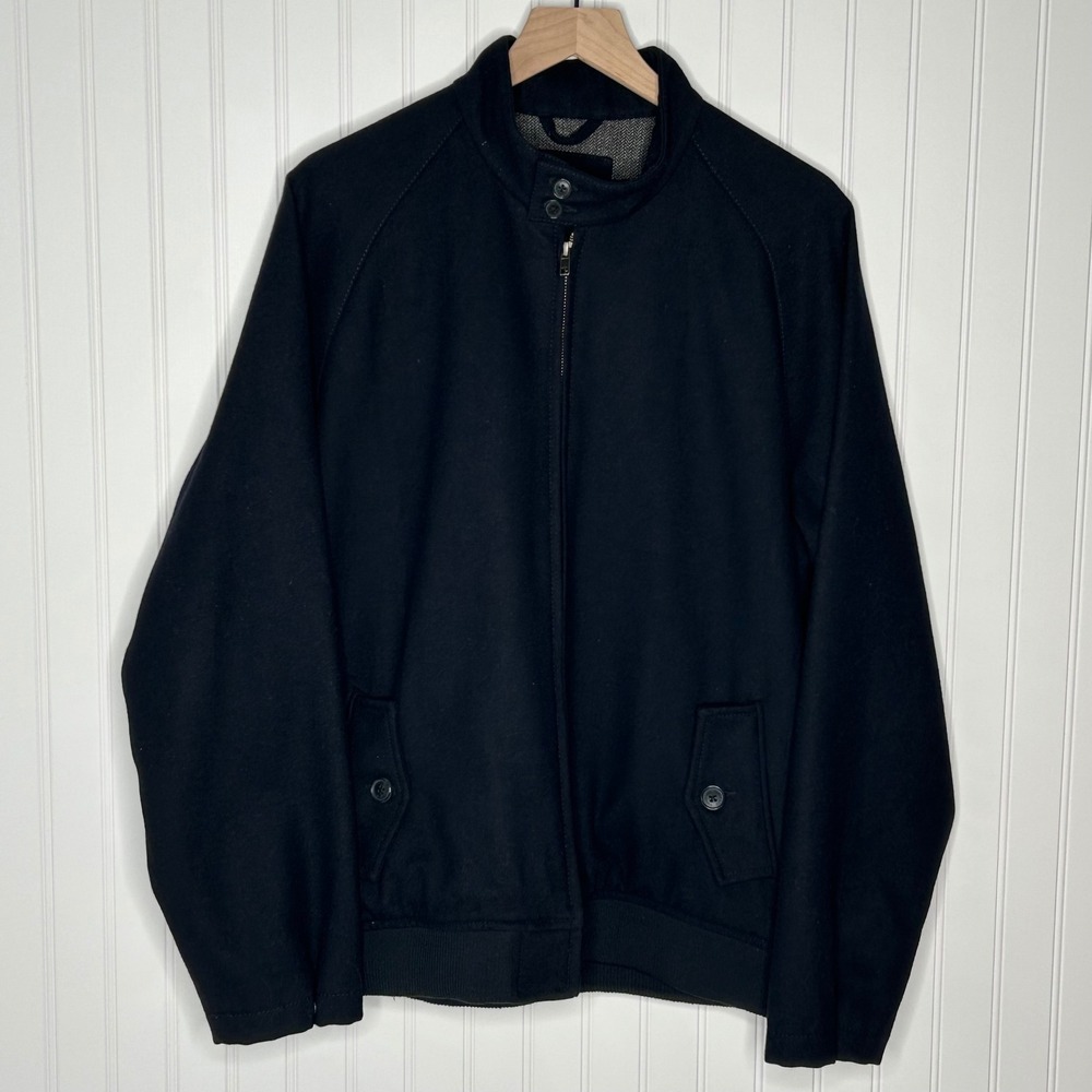 Lands End Mens Black Wool Blend Bomber Jacket Full Zip Ribbed L